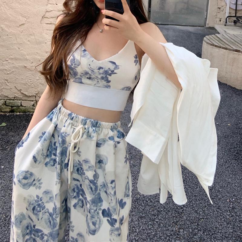 Women 2 Pieces Temperament Outfits, Floral Print V-Neck Spaghetti Strap Camisole + Drawstring Elastic Waist Long Pants Set 6