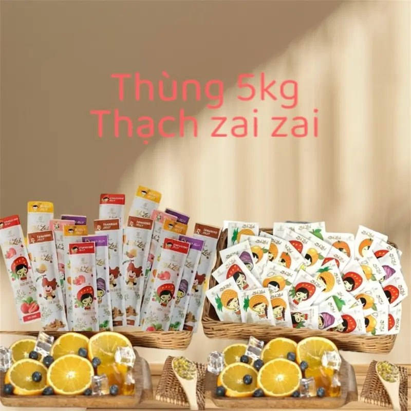 Thùng 5kg thạch zai zai Đức Hạnh mix nhiều hương vị trái cây - Việt quốc, cam, nho, soài, dâu, táo, đào, me, chanh dây và thơm kẹo tráicây