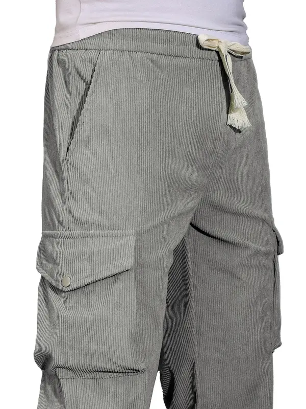 Men's Solid Pocket Drawstring Waist Corduroy Pants, Regular Fit Casual Street Fashion Trousers for Spring & Fall, Men's Bottoms for Daily Wear 6