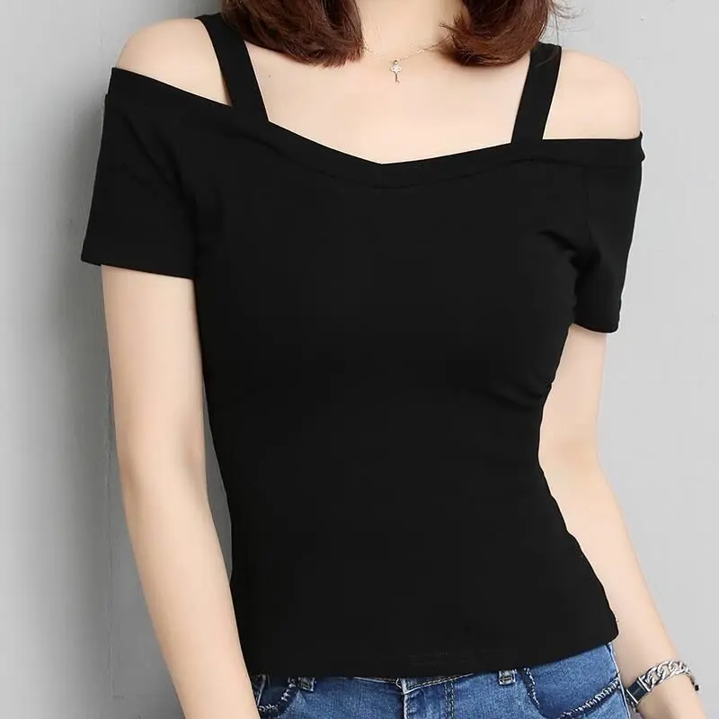 Áo Thun Ngắn Tay Đeo Một Bên Vai, Thời Trang, Thích Hợp Cho Mùa Hè, Thiết Kế Trễ Vai Gợi Cảm Lớp Cơ Sở, Bó Sát Và Ôm Sát, Thích Hợp Cho Thiết Kế Độc Đáo