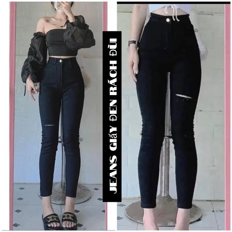 Quần Jeans Giấy Skinny 1 khuy Rách 1 bên đùi BIG SIZE 35-100KG Chất bò giấy cạp cao phong cách hàn quốc