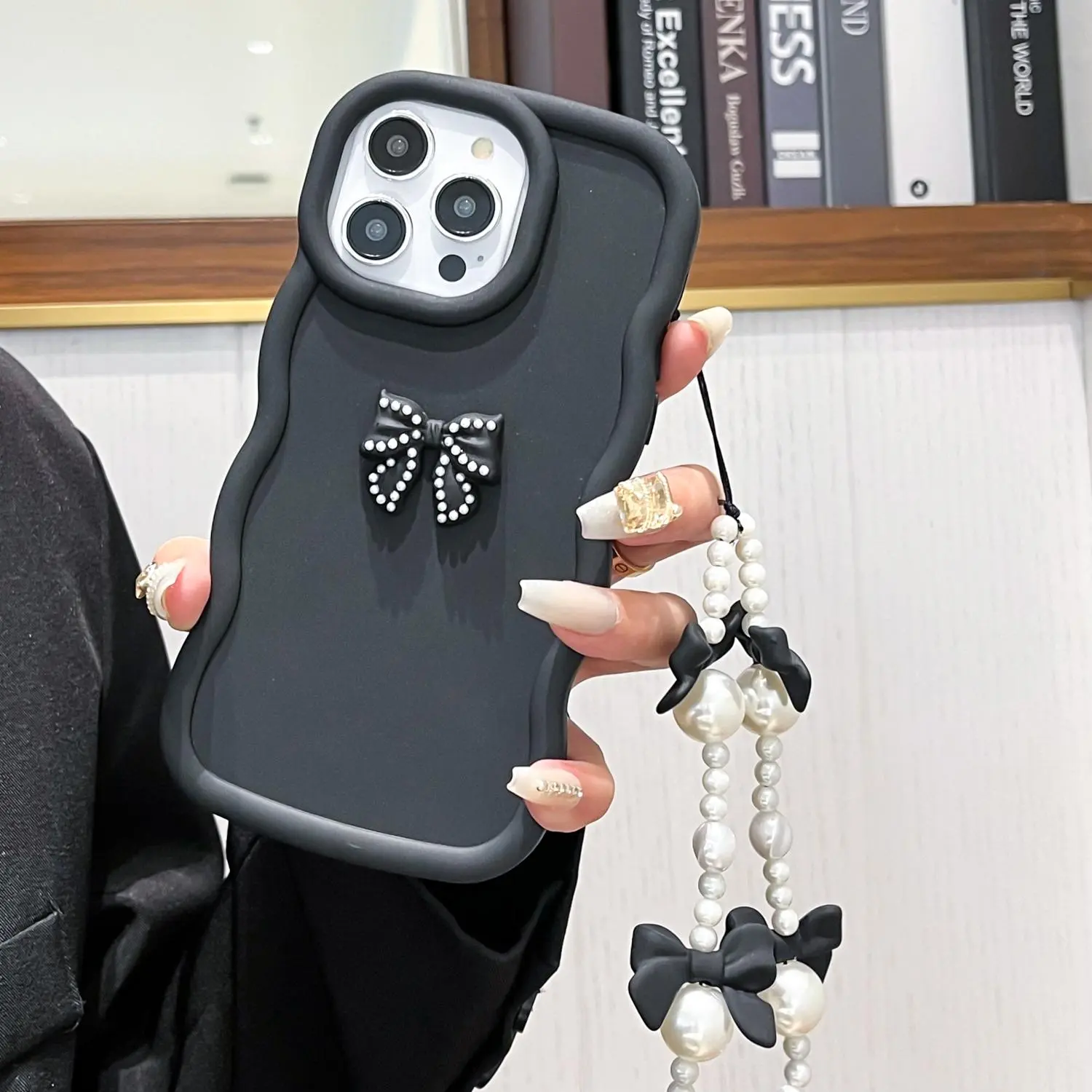 Bowknot & Wave Edge Design Phone Case with Lanyard, Cute Smartphone Protective Cover, Phone Accessories Compatible with iPhone 11 12 13 14 15 16 Pro Max