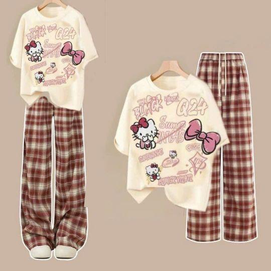 Product Introduction of Sét Bộ Quần Ống Rộng Kẻ Caro Đỏ + Mix Áo Phông Mèo Cute Màu Be Unisex Form Thụng 9