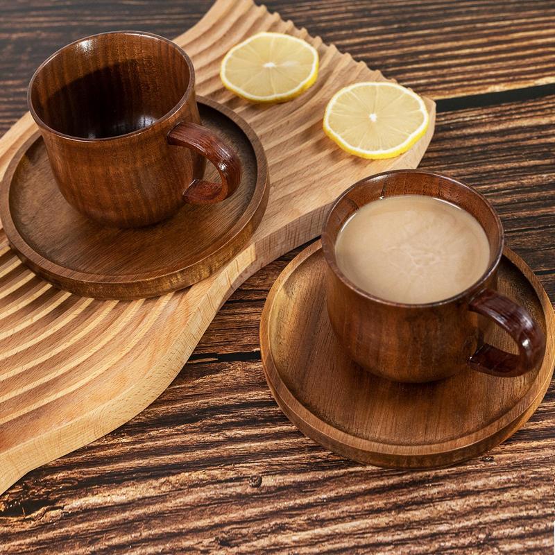 Wooden Handle Coffee Cup & Coasters Set, 2/4 Counts/set Vintage Tea Cup, Multi-purpose Drinking Cup for Home Office Use 5