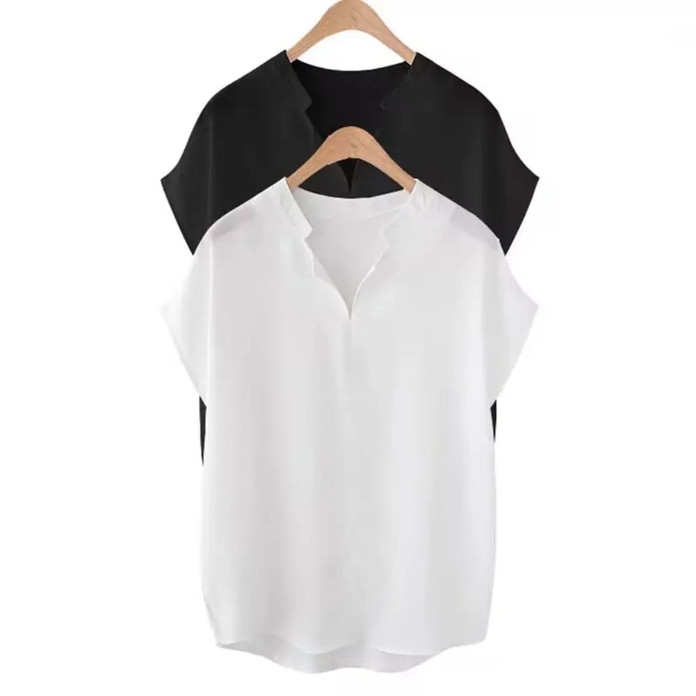 Womens New Short-sleeved Chiffon Shirt Stylish Loose V-neck top