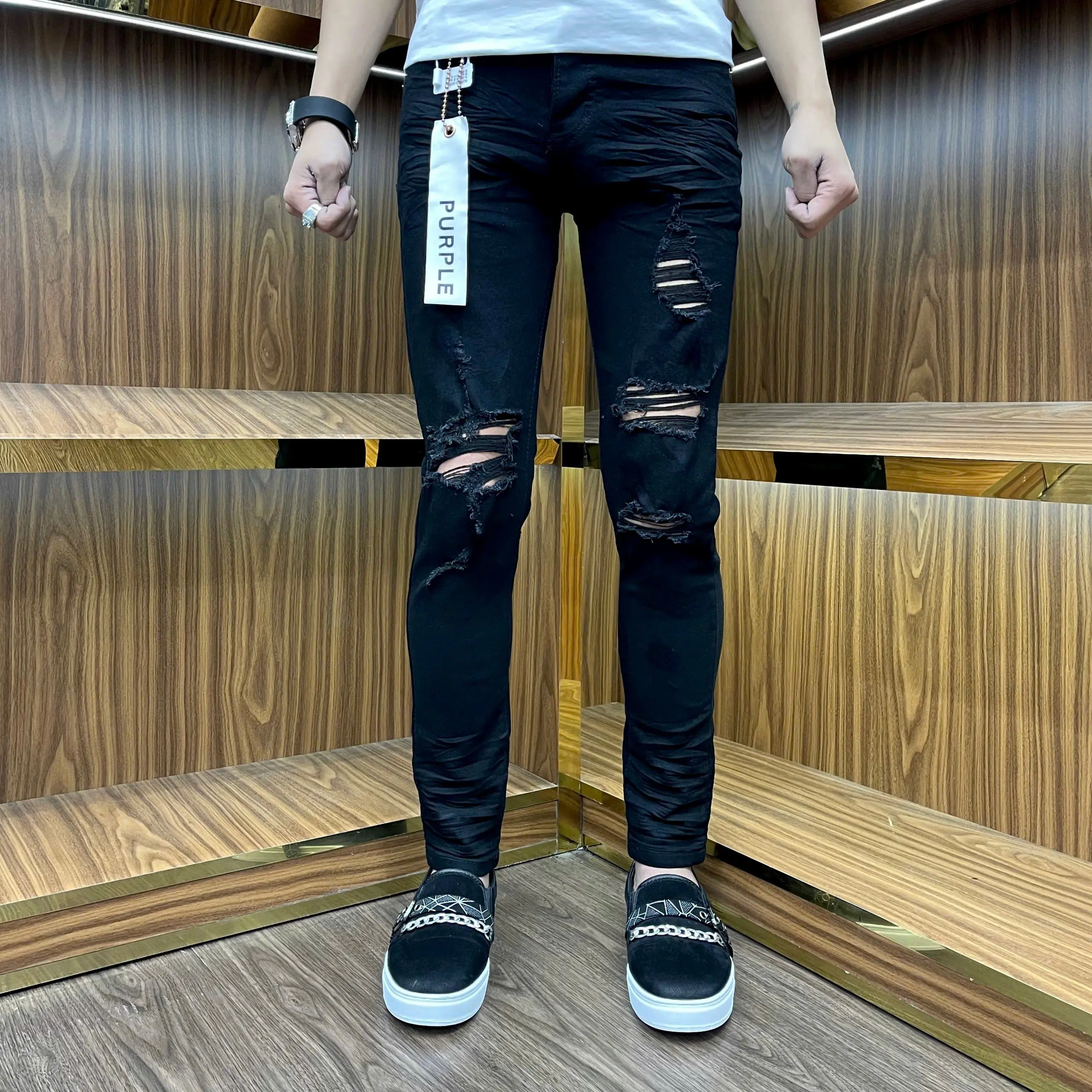 quần Jeans nam đen pơ pồ rách bốn cúc tang lụa bốn cúc