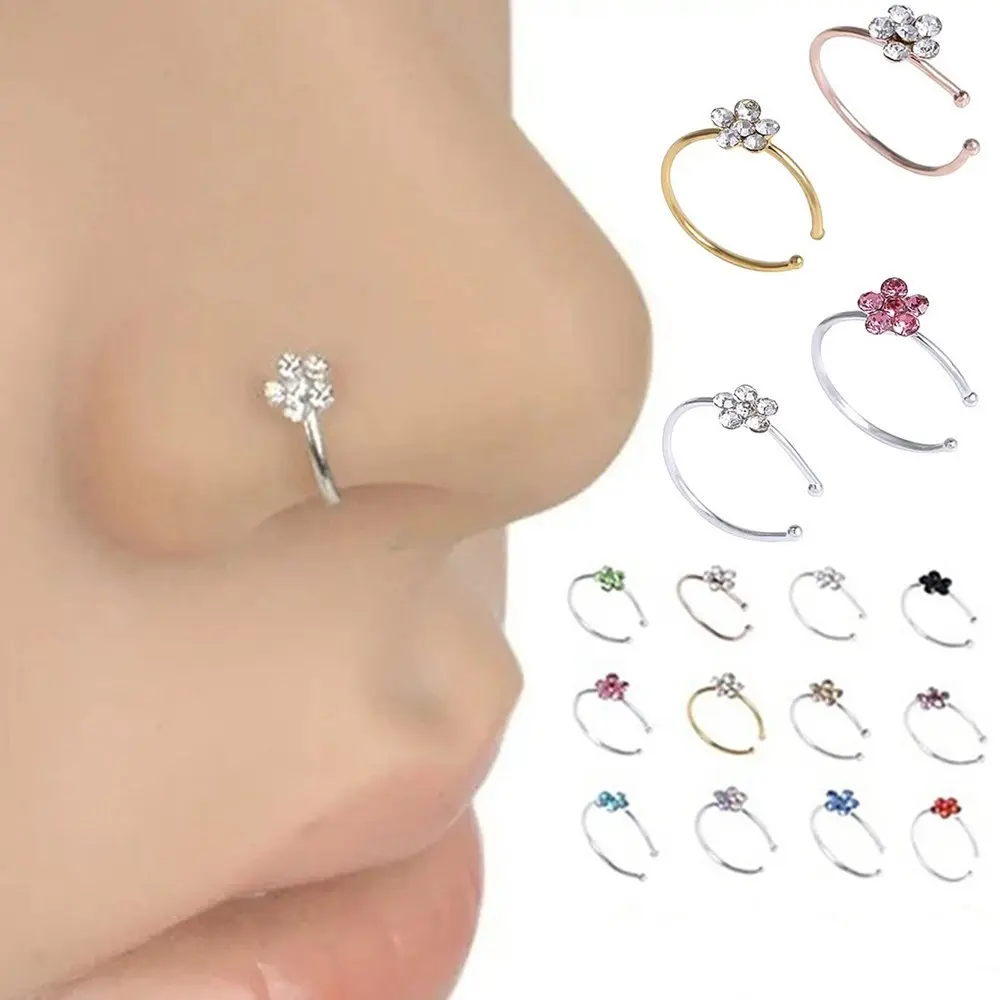 12 Colors Small Thin 5 Clear Rhinestone Crystals Flower Fake Septum Piercing Nose Rings & Studs Faux Clip Nose Hoop Body Jewelry