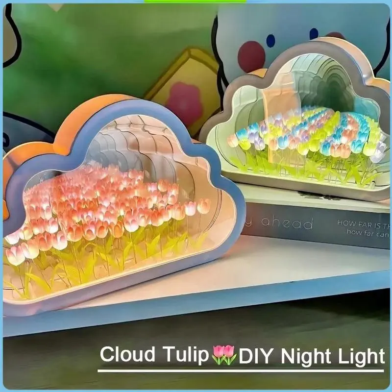Lampu Cermin Tulip, Lampu Awan DIY, Lampu LED Bunga Tulip, Lampu Malam Hadiah Untuk Pacar Natal.