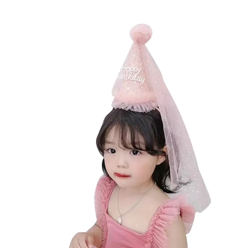 Mũ Hình Nón Công Chúa, Cho Bé Gái, Thích Hợp Dự Tiệc Sinh Nhật, Đeo Đội Đầu, Kim Sa Lấp Lánh Phối Ren