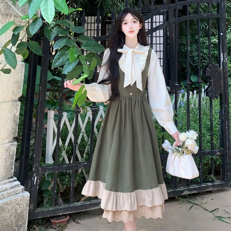 Plus Size Plump Girls French Style Green Suspender Bow Long Sleeve Dress Women's Autumn New Sweet Waist Trimming A- line Skirt