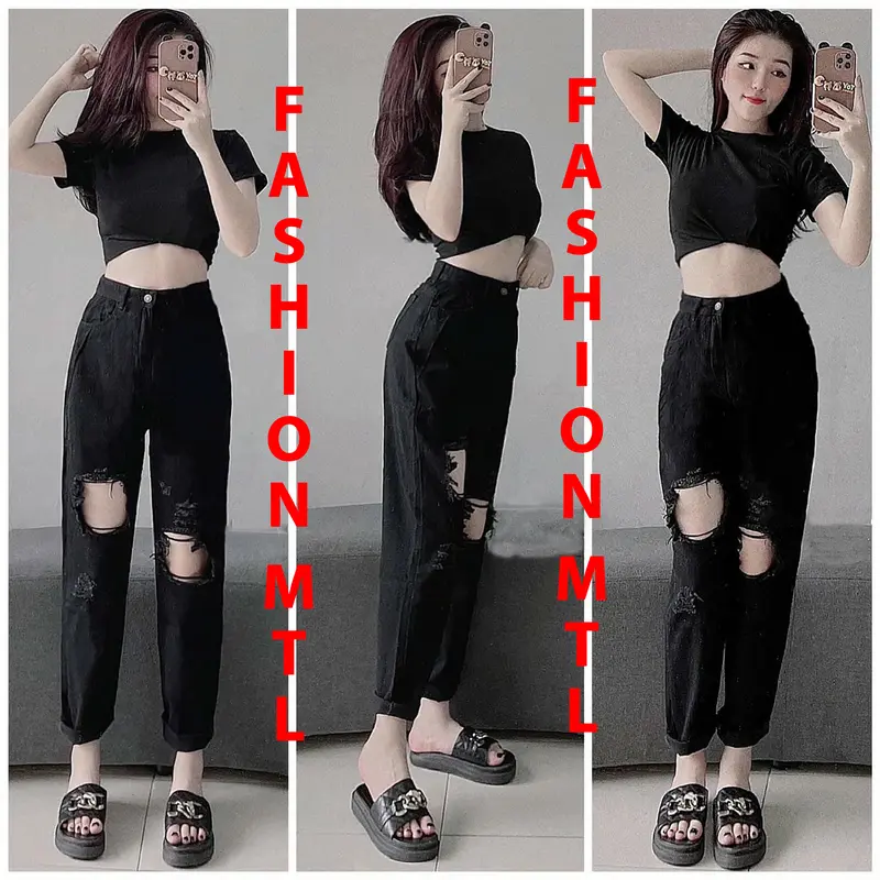 Quần jean baggy nữ màu đen rách gối, cạp cao cá tính kiểu dáng hàn quốc Pants Women mã 522 0