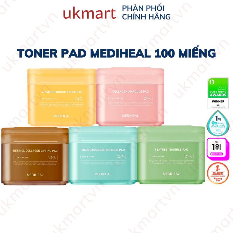  Hộp 100 miếng toner pad Mediheal Làm Dịu Cân bằng  Cấp Ẩm  Sáng Da 