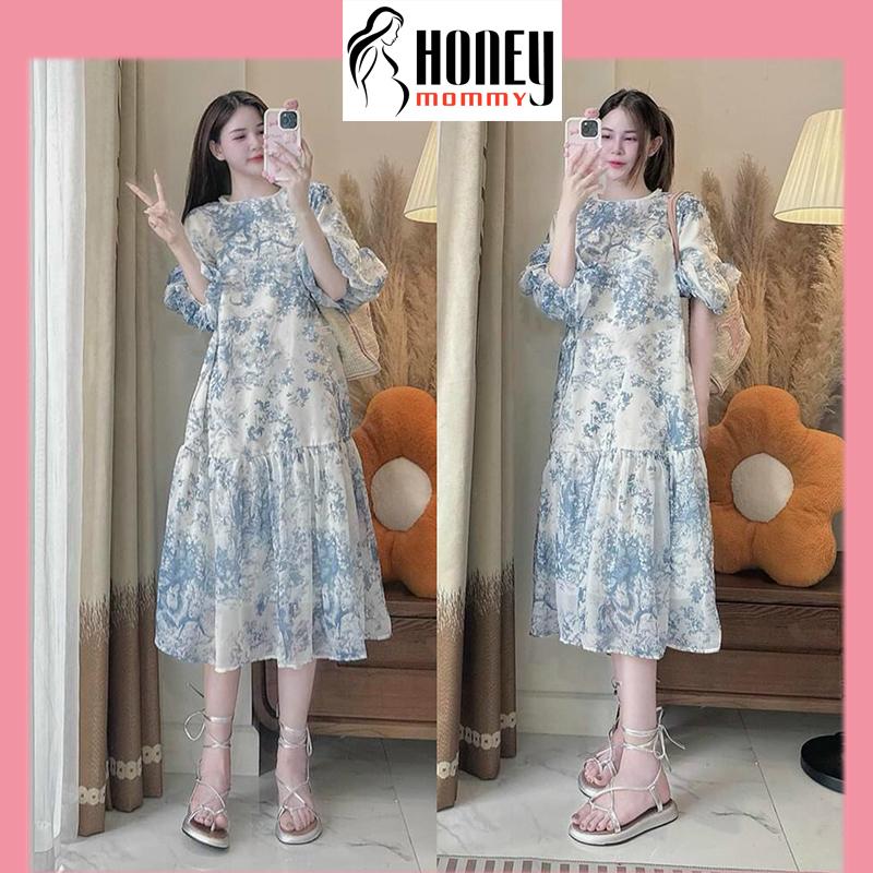 Đầm Bầu Váy Bầu Nữ Mùa Hè Ngắn Tay Chất Voan Tơ Cổ Ngọc Hoa Xinh Xắn Lịch Sự Đi Làm Đi Chơi HD3009 Honey Mommy Women Dress