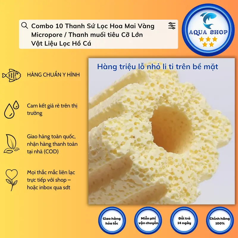 Combo 10 Thanh Sứ Lọc Hoa Mai Vàng Micropore / Thanh muối tiêu Cỡ Lớn - Vật Liệu Lọc Hồ Cá 5