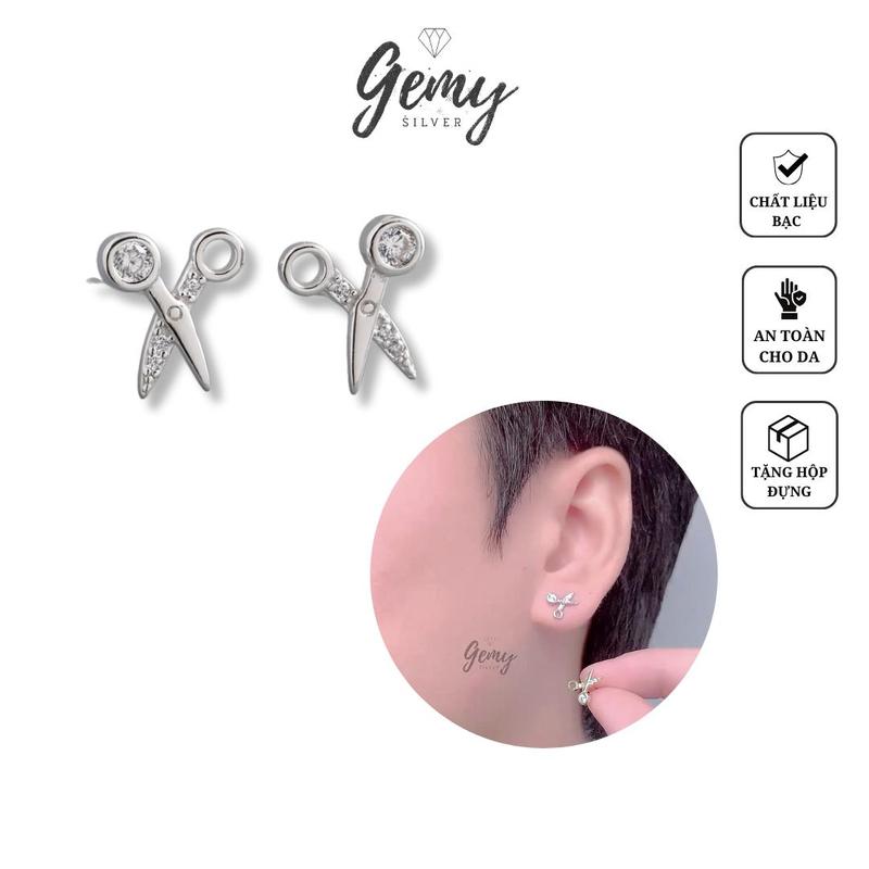 Khuyên tai nam bạc nguyên chất hình cái kéo màu bạc vàng Barber (1 chiếc) | GEMY SILVER KN106