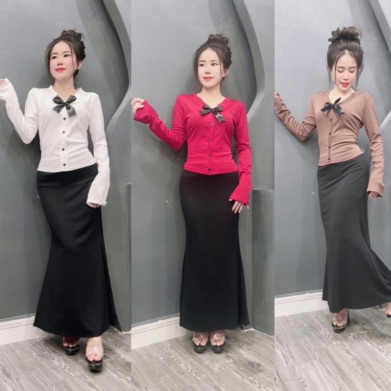  Sét chân váy đuôi cá phối áo tay dài kèm nơ hack dáng   nơ có mắc cài gở ra được  Nữ Women  Dress Top 