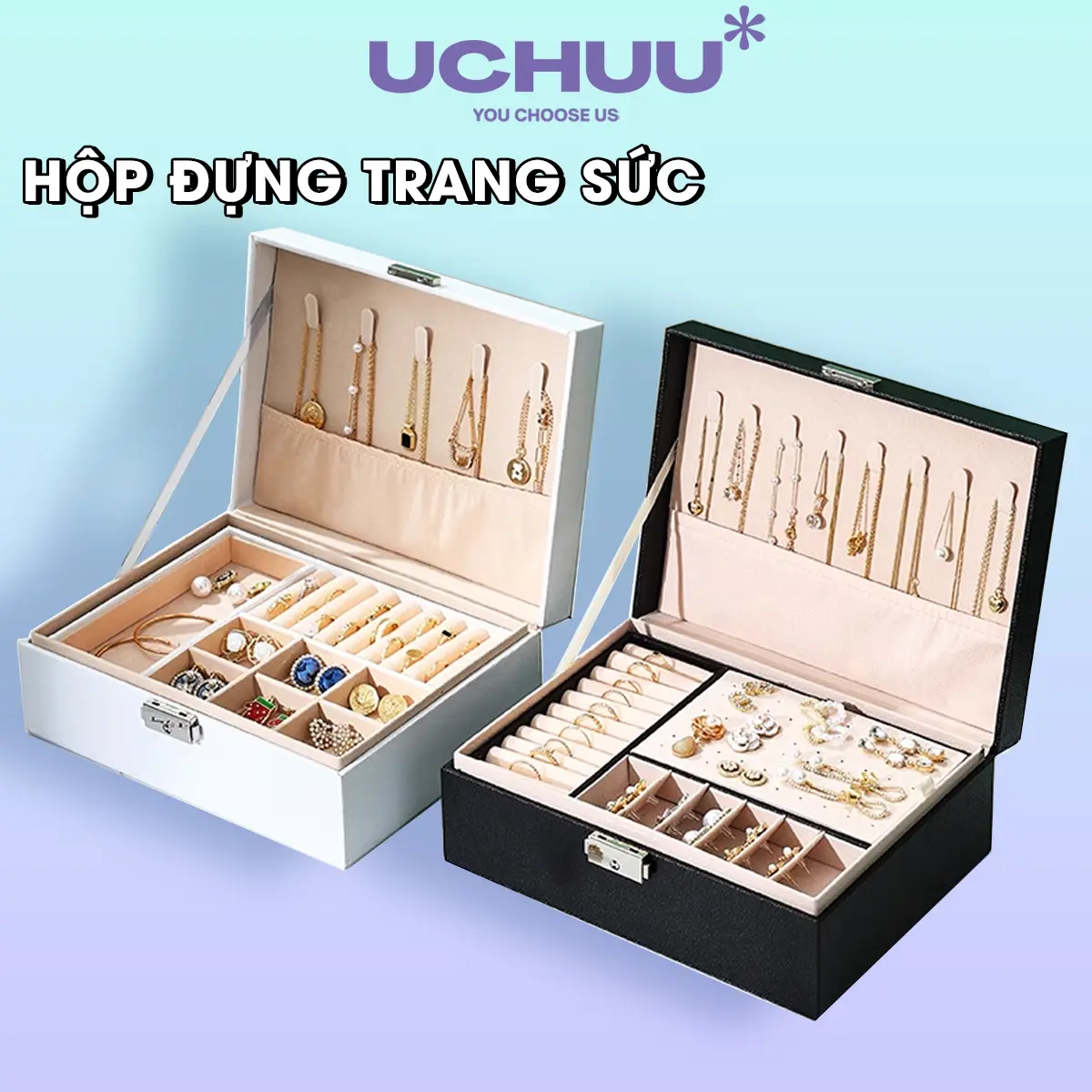 Hộp Đựng Trang Sức Nhiều Ngăn Có Khóa, Đựng Nhẫn, Vòng Tay, Dây Chuyền, Khuyên Tai