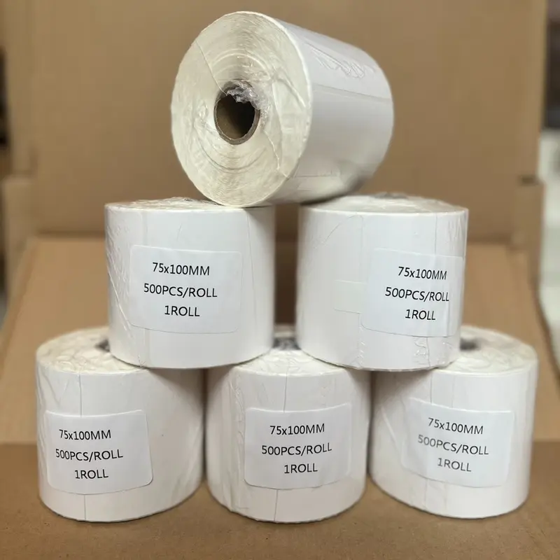 Giấy in nhiệt a7 khổ 75x100, Giấy dán in mã vận đơn sàn TMĐT dạng cuộn 300 tem 8