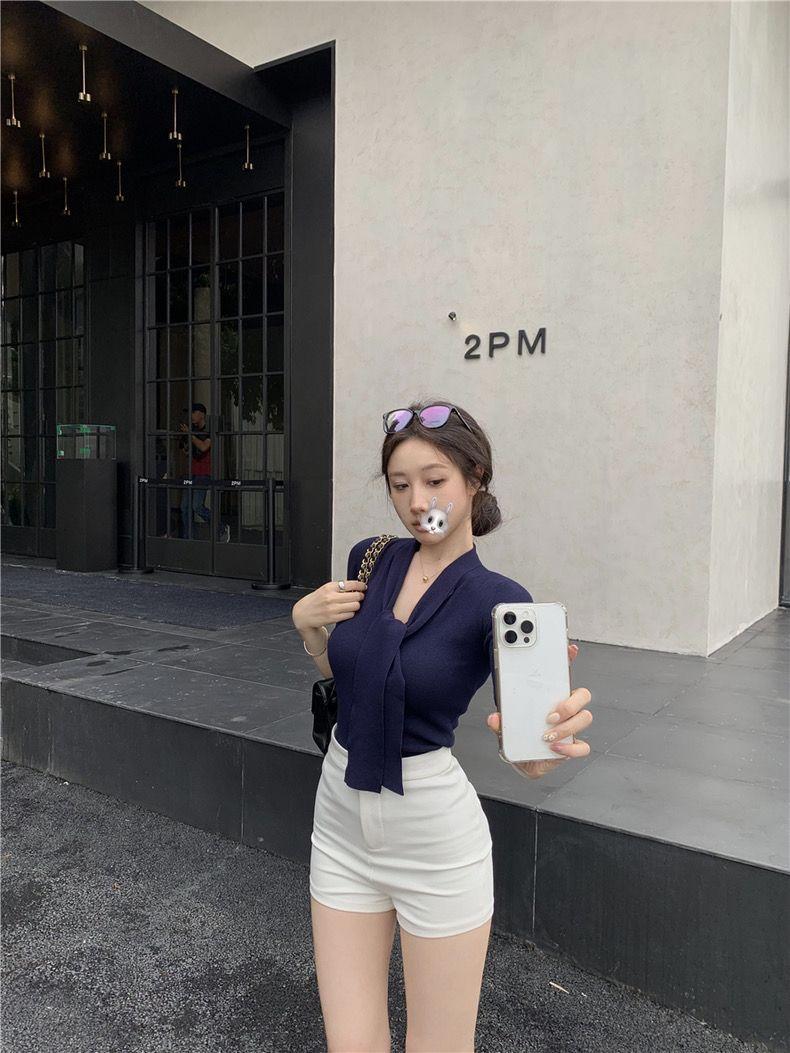 Product Introduction of CQ-Korean Style Ribbon  Short-Sleeved Knitted T-shirt Women's Summer Waist Elegant Slightly Mature Style Chic Blue Top SS24 [1470] 3