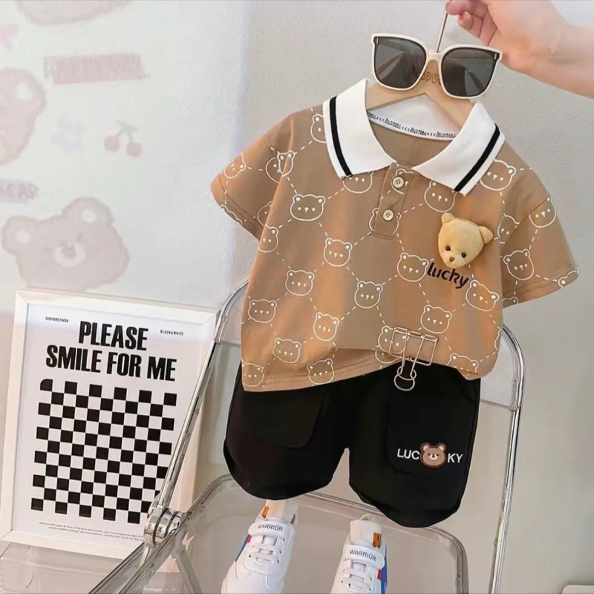 [ Linh An ] [8-30kg] Set Polo áo Gấu ( kèm gấu )cho bé trai , áo cotton in tràn viền kèm quần kaki mềm mát , mặc đi học, đi chơi lễ tết