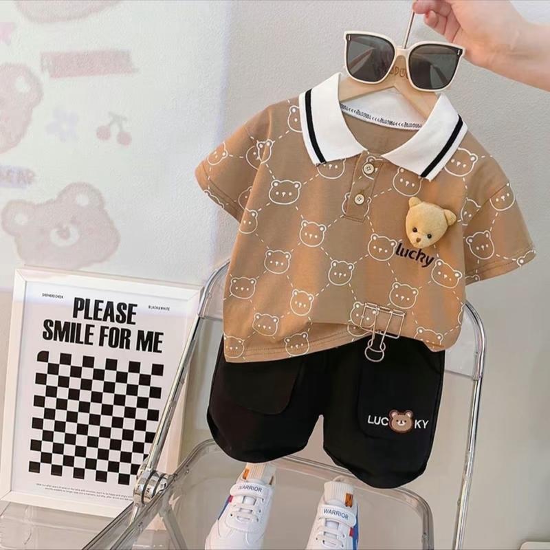    Linh An    8-30kg  Set Polo áo Gấu   kèm gấu  cho bé trai  áo cotton in tràn viền kèm quần kaki mềm mát  mặc đi học đi chơi lễ tết 