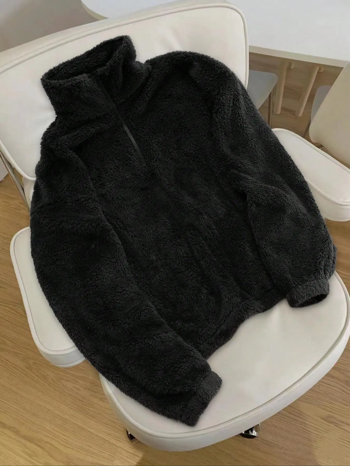 Women's Solid Zip Up Fuzzy Sweatshirt, Casual Long Sleeve Stand Collar Pullover for Fall & Winter, Women's Clothes for Daily Wear