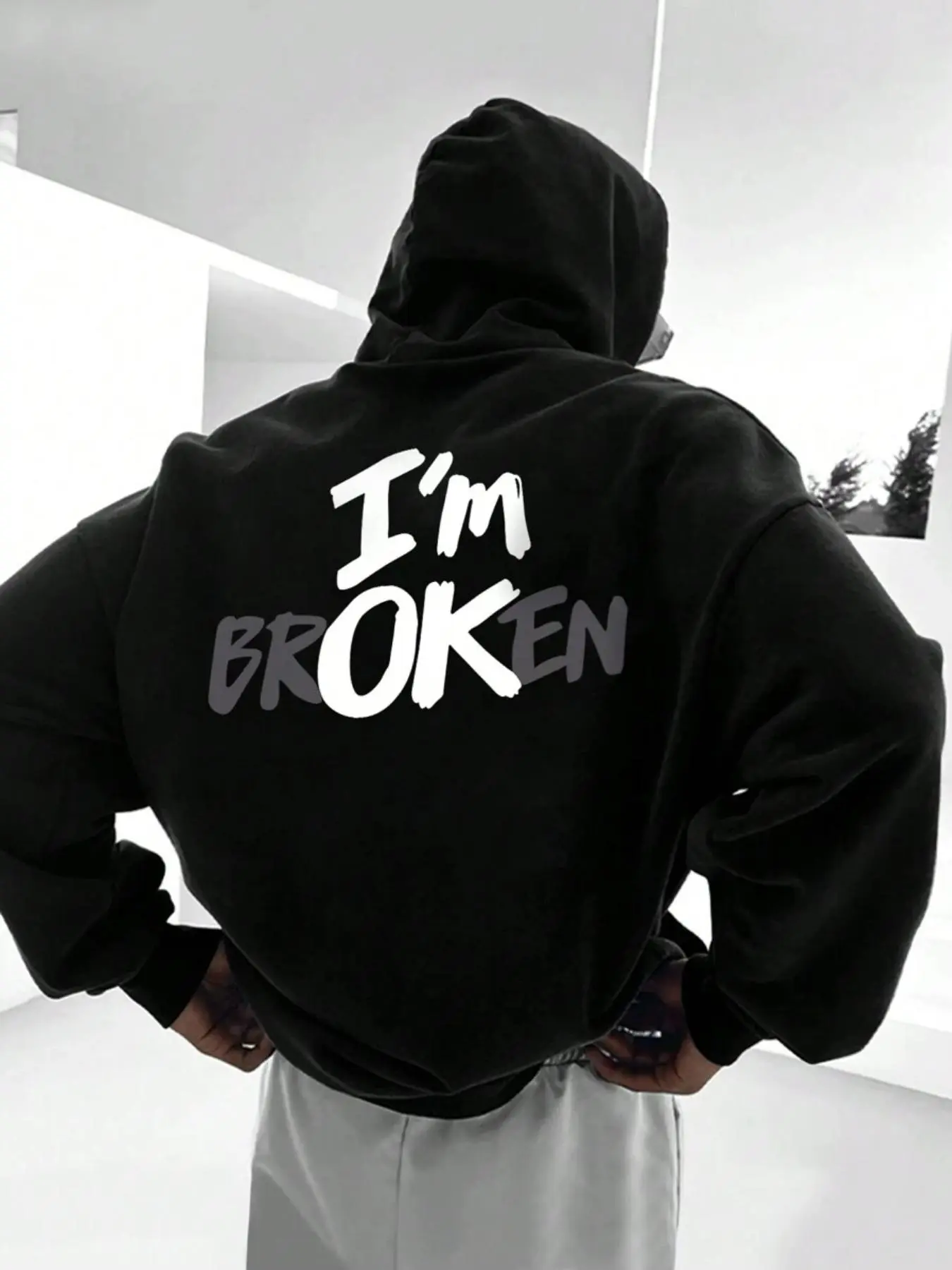 Men's Letter Print Thermal Lined Hoodie, Casual Regular Fit I'm Broken Print Long Sleeve Hooded Sweatshirt for Fall & Winter, Men's Top for Daily Wear