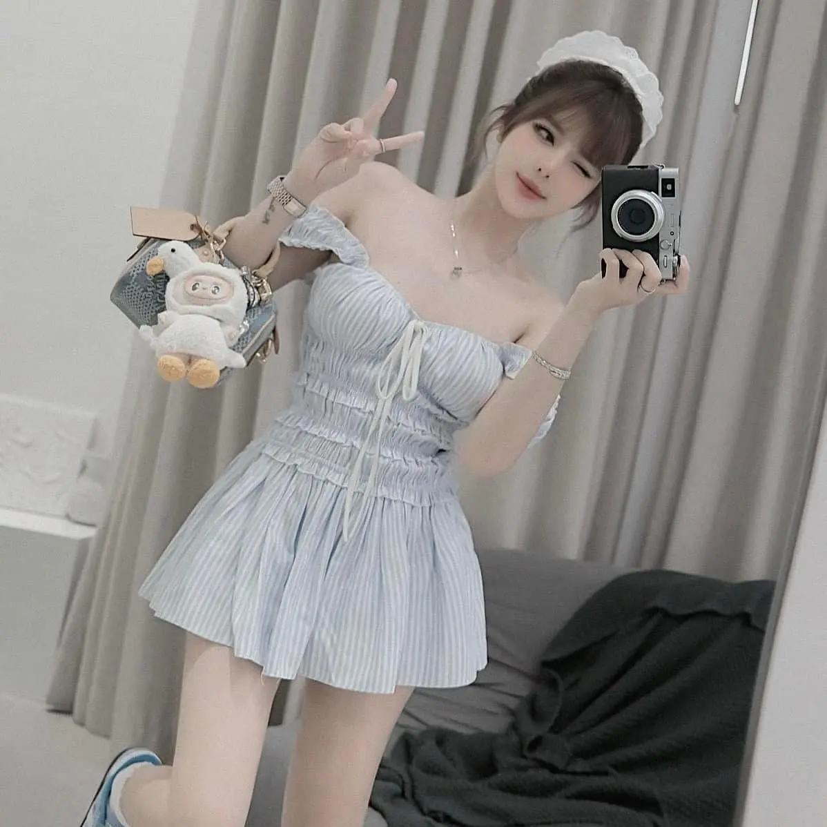 Váy đầm kẻ sọc nhún eo có lót quần trong Mai Phương Bùi Nữ Dress