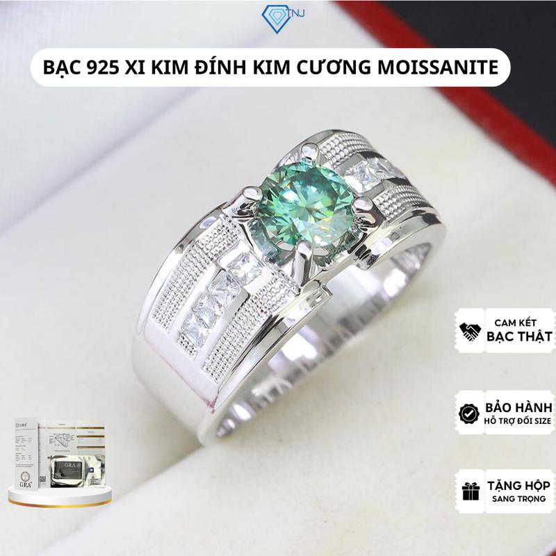 Nhẫn kim cương nhân tạo Moissanite nam 7ly xi bạch kim kiểm định GRA đá xanh lá cá tính NNAM0030