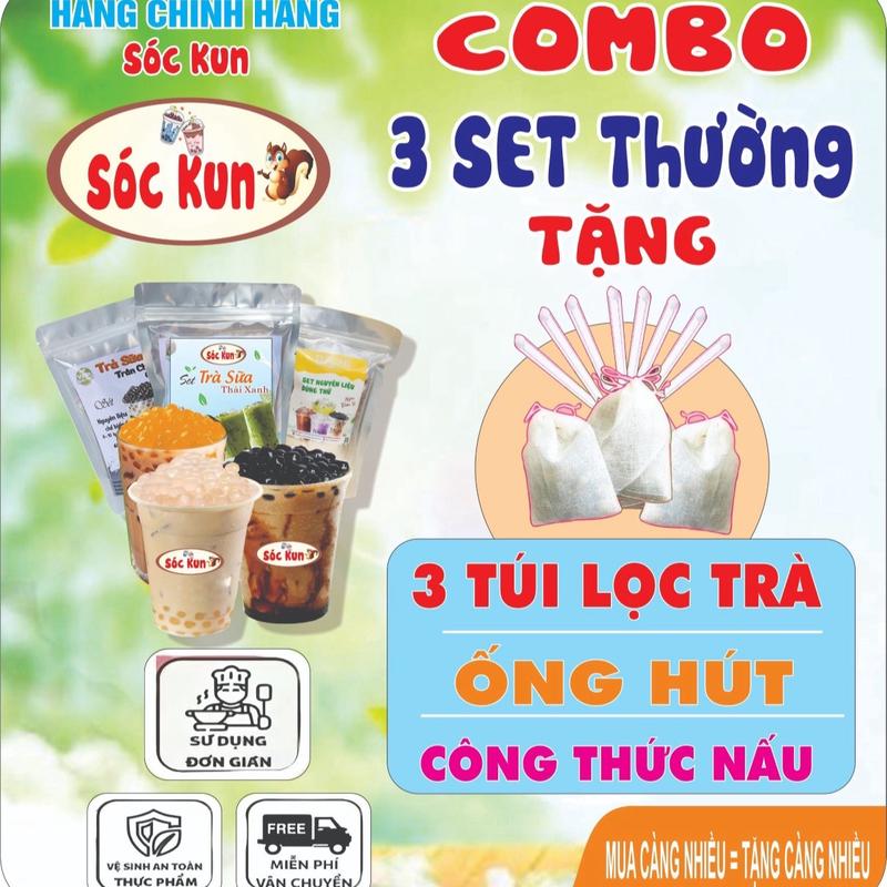 Combo (30-40ly) trà sữa 3 vị : THÁI XANH , ĐƯỜNG ĐEN, THÁI ĐỎ ( được đổi vị)—- TẶNG ống hút — TẶNG túi lọc trà—- TẶNG trân châu 3Q—- BẾP TRÀ SỮA SÓC KUN ( ưu đãi đặc biệt)  Nước Trà Tea Chè