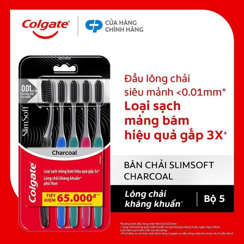 Bộ 5 Bàn chải đánh răng Colgate than hoạt tính kháng khuẩn SlimSoft Charcoal mềm mảnh