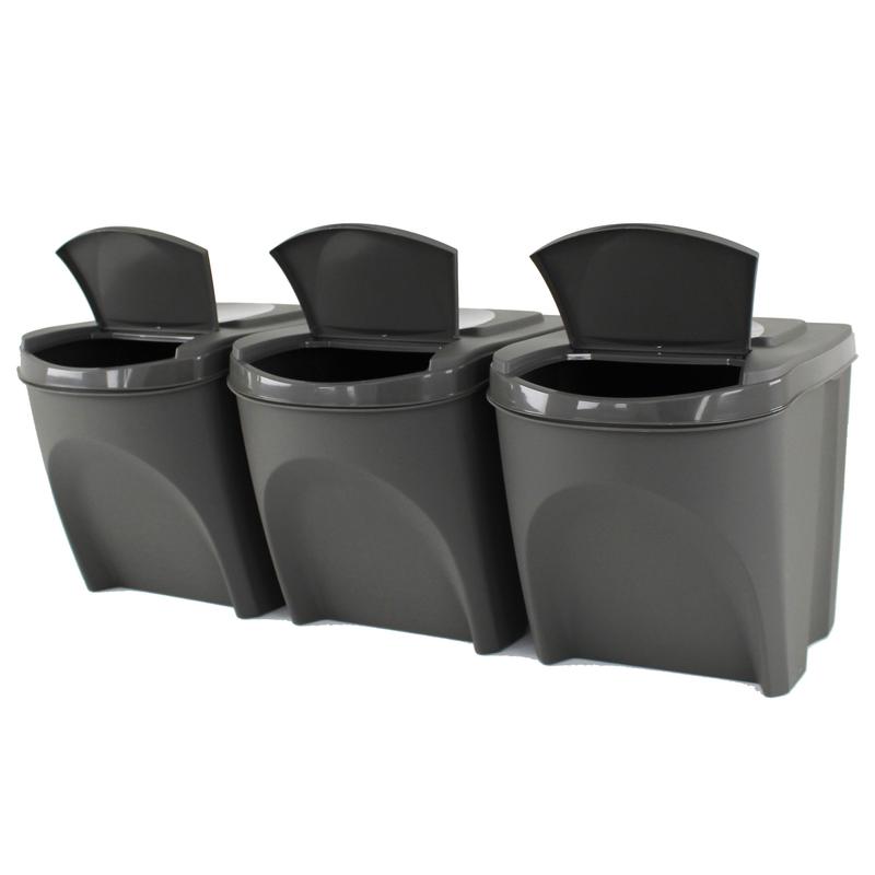 Set of 3 25 Litre Stackable Recycling Bins Storage Box with Lid, Grey Recycle Bin Organisers with Stickers, Garbage Home Kitchen Bin with Lids 2