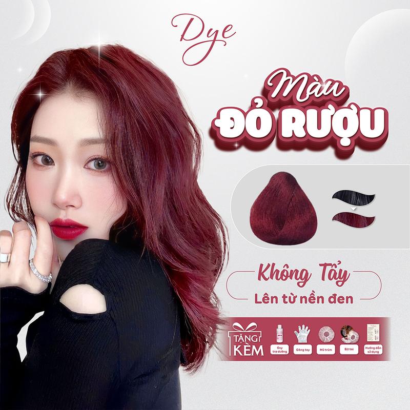 Thuốc nhuộm tóc màu Đỏ Rượu, Dye Hair, tặng kèm oxy trợ dưỡng và bao tay, Bền màu Không chứa silicon Đổi Màu Tóc Nữ