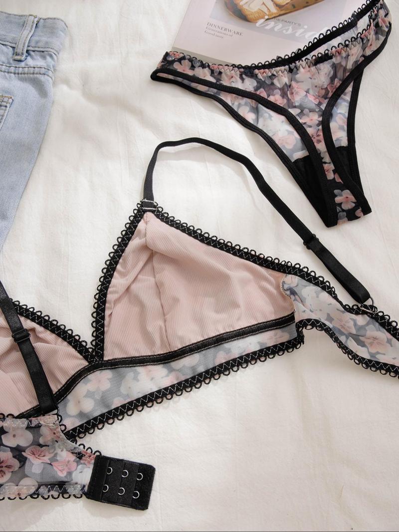Product Introduction of Women's 6pcs Floral Print Bra & Contrast Mesh Thong Set, Adjustable Strap Bow Decor Lingerie Set, Soft Comfy Underwear Set for Women 6
