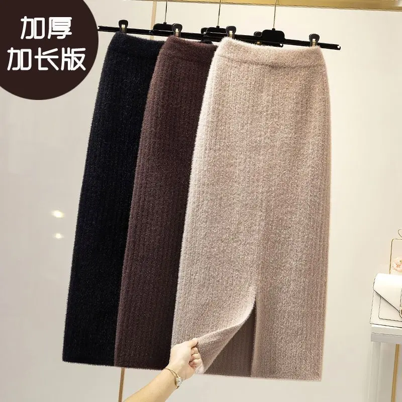 Chân Váy Lông Chồn, Dài Và Dày, Dành Cho Nữ, Hàng Mới Về Mùa Thu Và Mùa Đông, Dài Trung Bình Có Khe Hở, Thích Hợp Cho Nữ Công Sở, Chân Váy Bodycon Dệt Kim, Chân Váy Dài Women Khuy