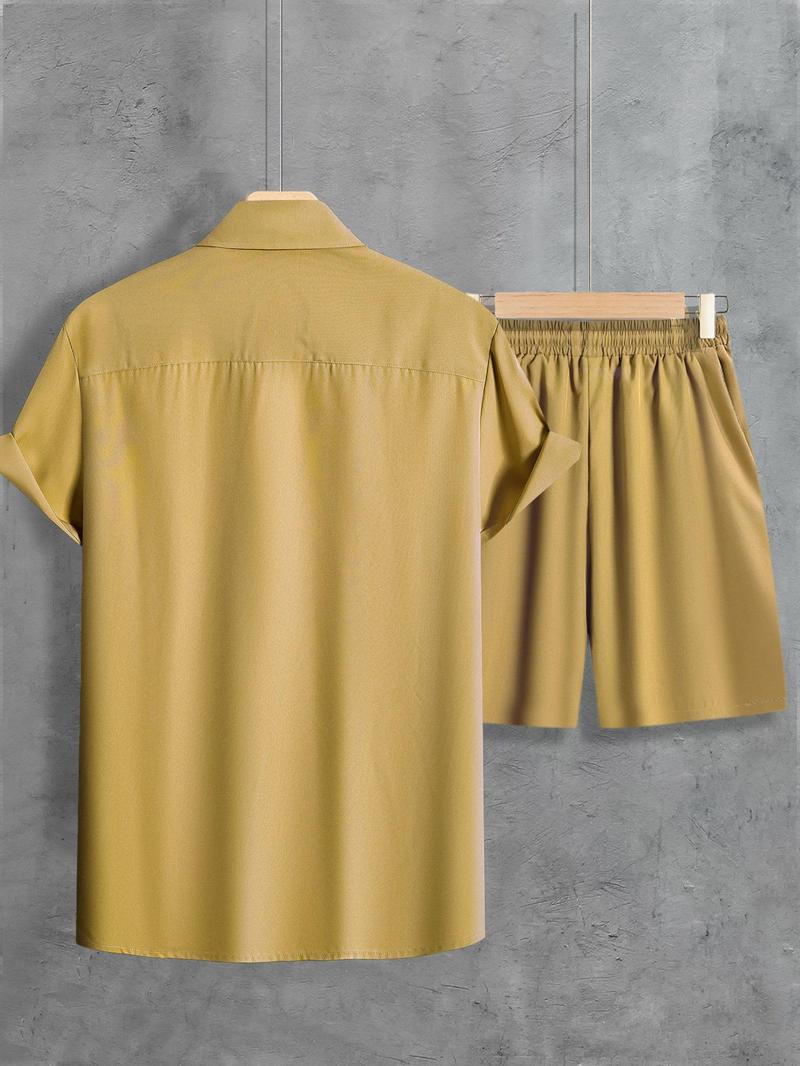 Product Introduction of Men's Solid Color Short Sleeve Shirt & Drawstring Waist Shorts Two-piece Set, Casual Button Up Top & Pocket Shorts, Summer Outfits Clothes Set for Men 8