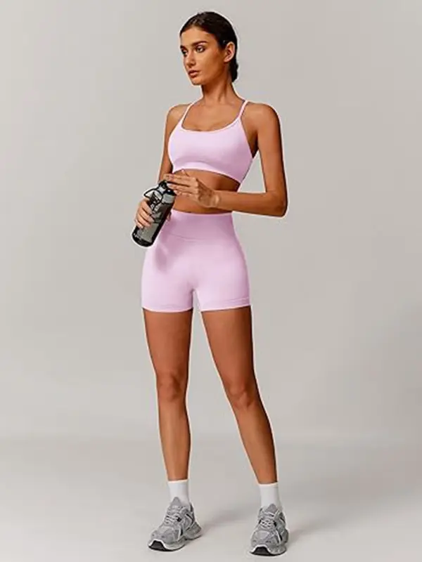 Women's Criss Cross Backless Crop Sports Bra & High Waist Shorts Sports Set, Breathable Comfortable Sports Set for Yoga Gym Workout Running, Ladies Sportswear for All Seasons 3