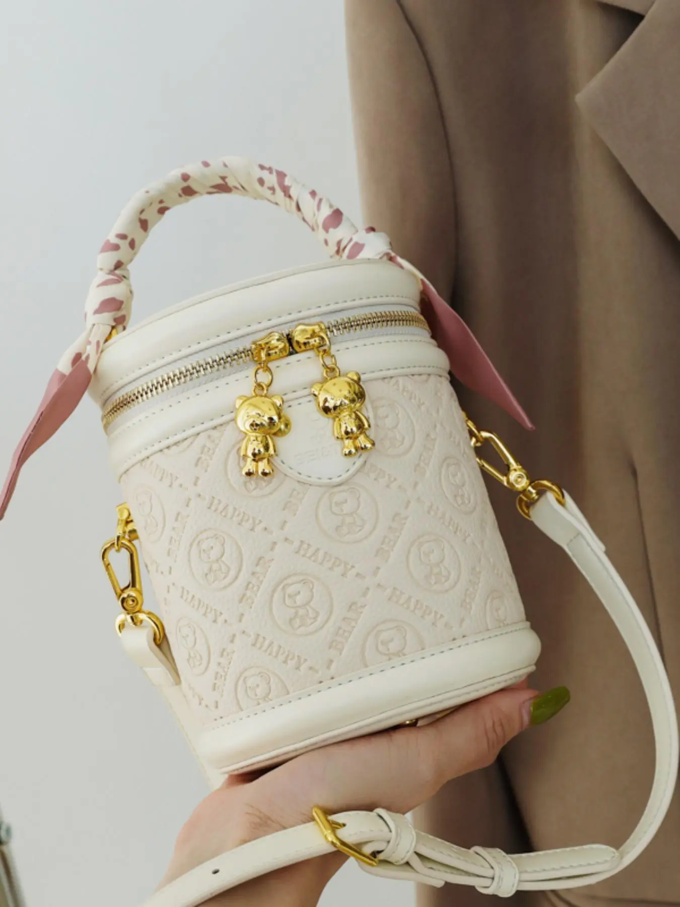 Women's Cute Cartoon Bear Pattern Bucket Bag with Twilly Scarf Decor, Fashionable Matching Pu Bucket Bag, Trendy All-match Bag for Daily Use