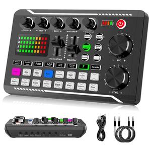 Tarjeta de sonido F998 para audio en vivo, interfaz de audio para podcast con efectos de mezclador DJ, cambiador de voz con efectos de sonido para karaoke, transmisión en vivo, grabación y juegos