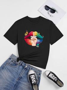 ImprinTee Women's Lips & Hand Print Round Neck Tee, Fashion Casual Butterfly Print Crew Neck T-shirt for Daily Holiday Vacation Outdoor Wear, Ladies Clothes for All Seasons, Women Clothing