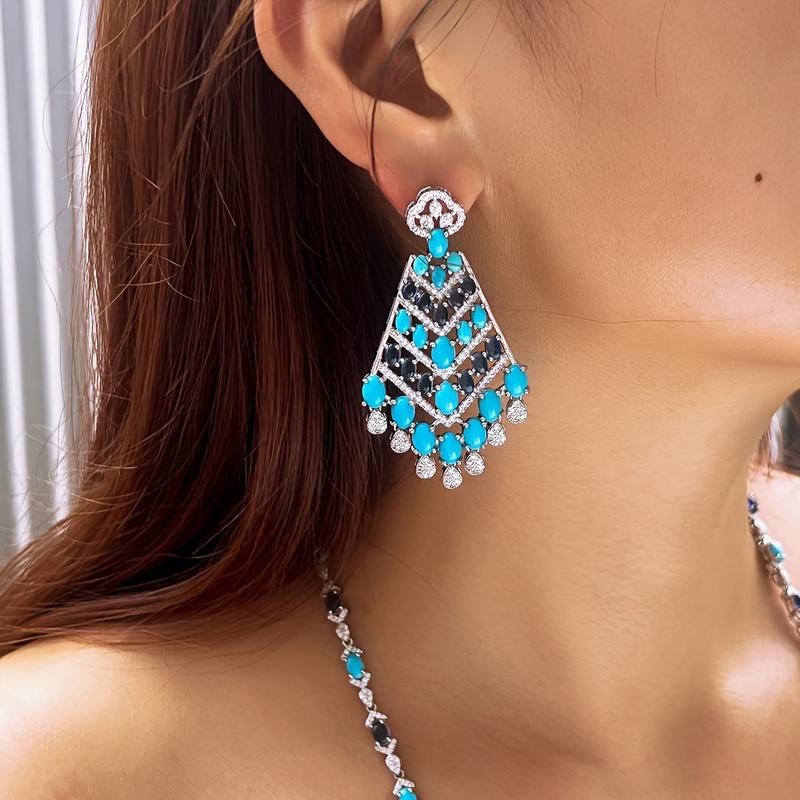 Middle Eastern Luxurious Synthetic Turquoise and Synthetic Zircon Long Tassel Earrings for Women Ethnic Bohemian Bride Wedding Party Jewelry 3