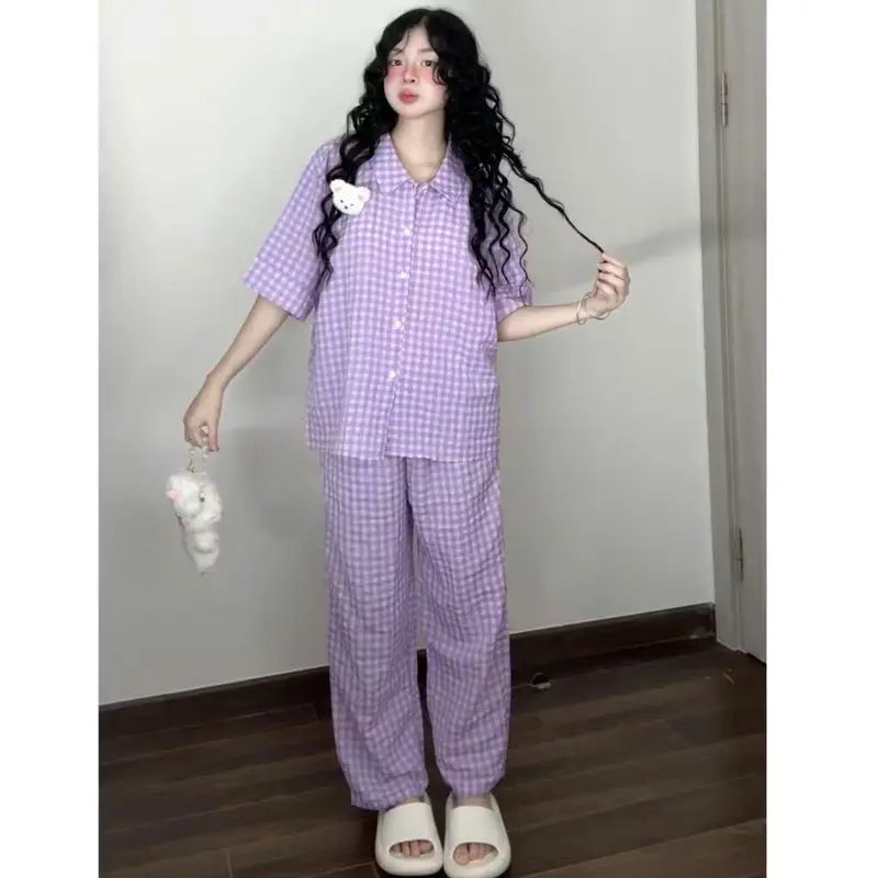 Bộ Ngủ Nữ  Tay Cộc Quần Dài , Bộ Pyjama Kẻ Caro Nhiều Màu Phong Cách Hàn Quốc Chất Đũi Nhăn Mịn Mát ( Kèm Charm ) 2