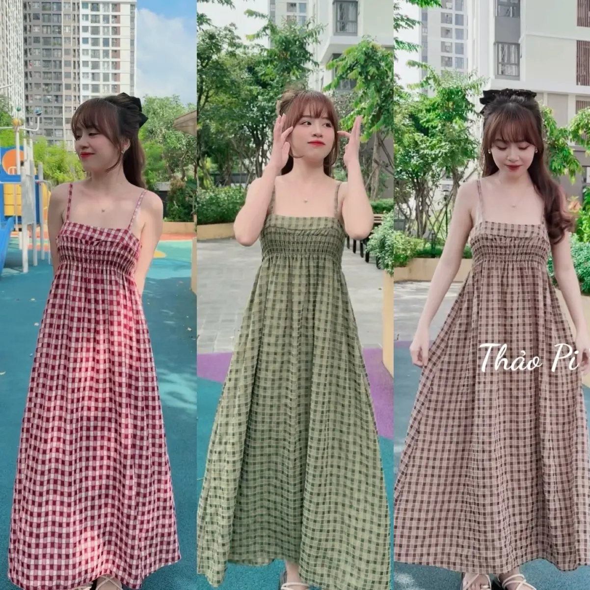 Váy 2 dây Loại 1 dáng dài maxi hoạ tiết caro nhún bo thun dễ thương - M135