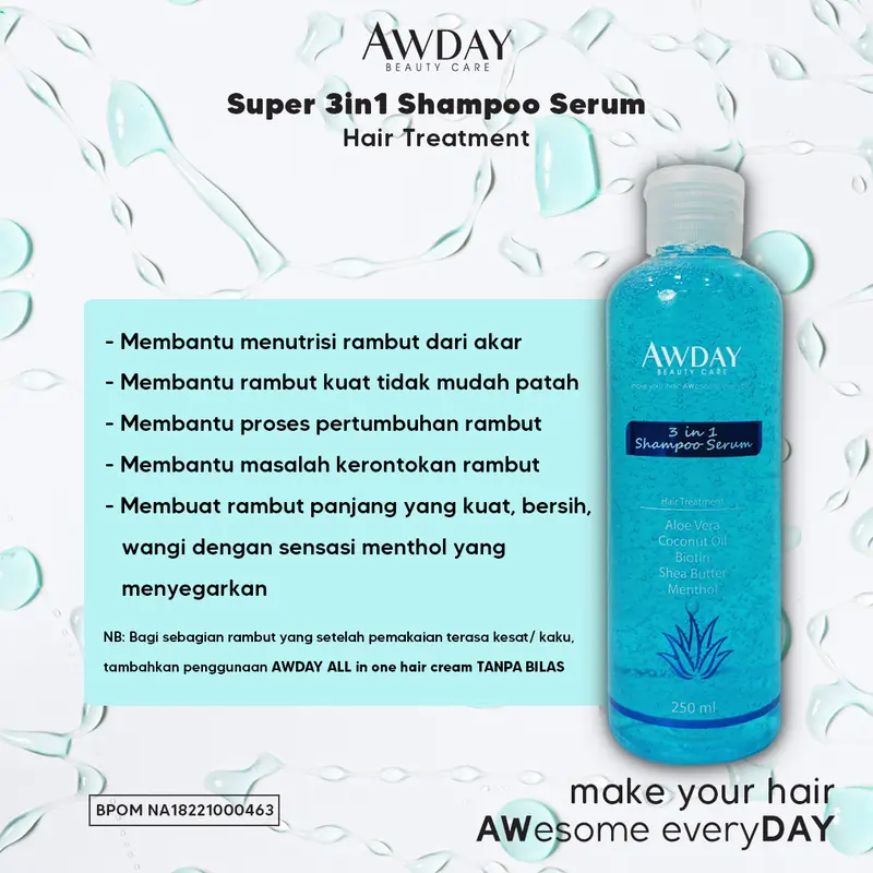 Awday 3in1 Shampoo Serum Hair Treatment BPOM HALAL awday  biru 2