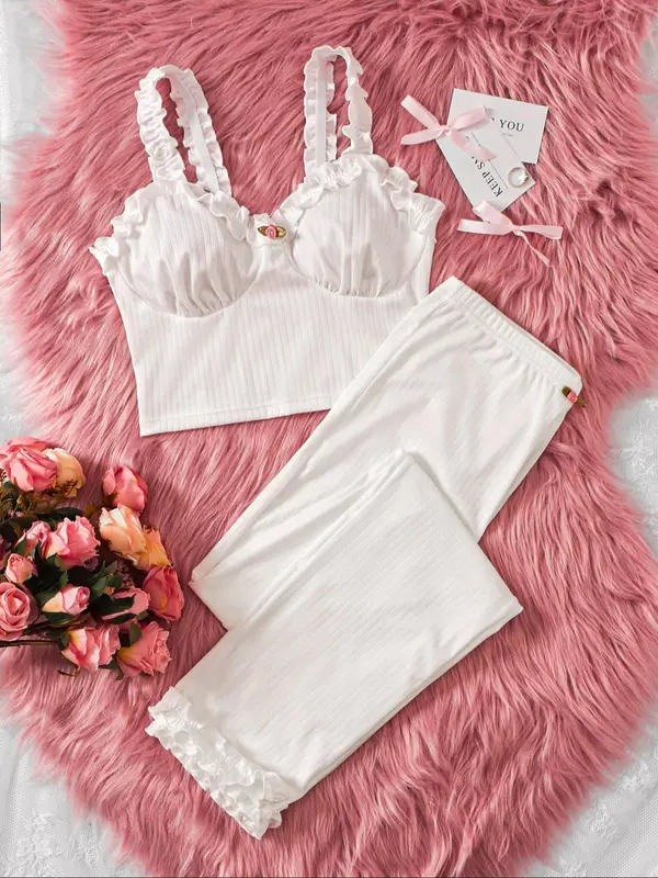 Frill Trim Backless Crop Cami Top & Elastic Waist Pants Pajama Set, Y2k Wear Streetwear Lady Comfort Sleeveless Top & Flower Decor Trousers Pj Set, Summer Wear 2024, Ladies Sleepwear Homewear, Lounge Sets, Pajama Sets 2 Piece Set for Girls, Grace Pyjamas 0