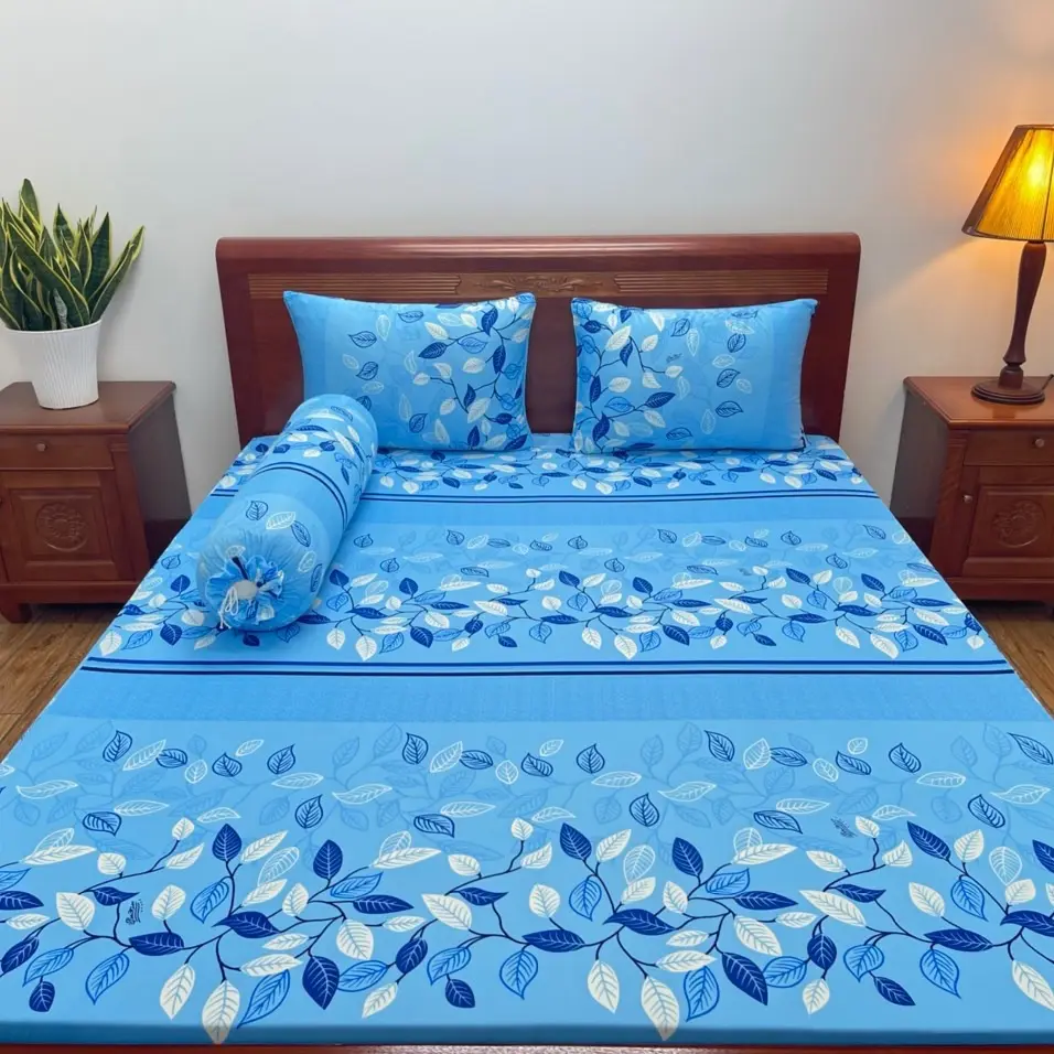 Bộ ga giường thun lạnh dây leo xanh biển