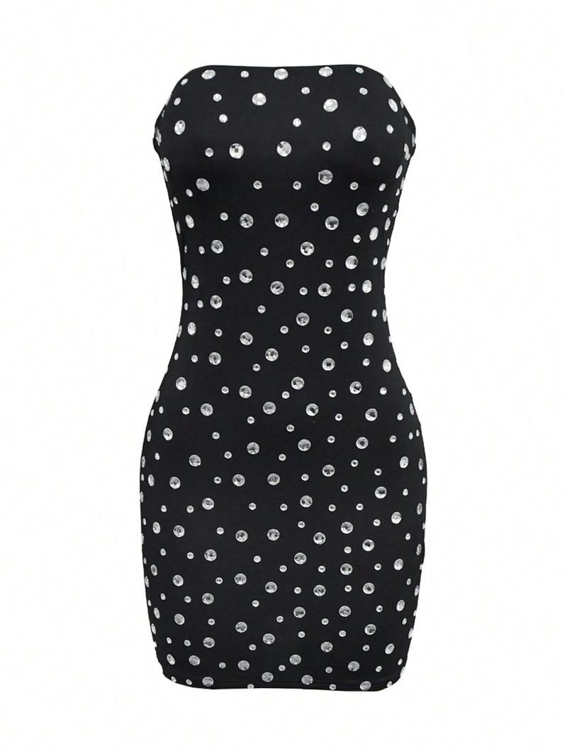 Product Introduction of Women's Rhinestone Decor Tube Party Dress, Fashionable Sleeveless Strapless Short Dress for Party Club Dating Wear, Ladies Summer Clothes 3