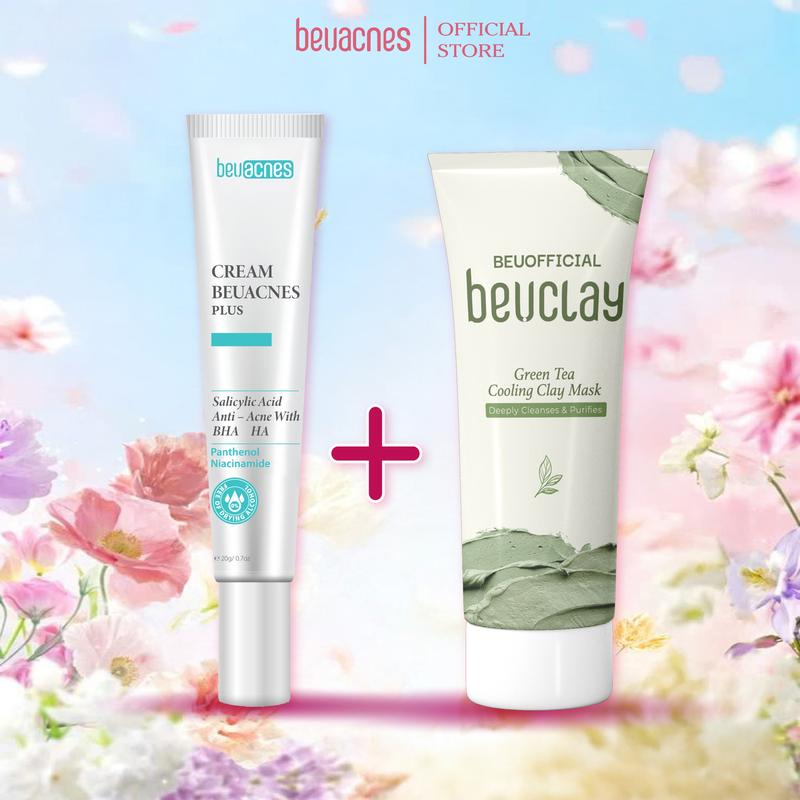 Combo 1 Kem Hỗ Trợ Giảm Mụn Sưng Viêm Nam, Nữ  BEUACNES PLUS 15g + 1 Tuýp Mặt Nạ Đất Sét BeuClay 70g Skincare Mặt Nạ Chăm Sóc Làm Đẹp Da, Dưỡng Ẩm Da  - TMN606 chấm  mụn thâm