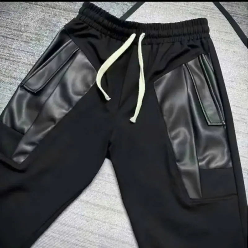 Quần nỉ dài vá da chất vải thun lạnh túi phối da bo chun ống quần dành cho nam nữ fom unisex 4
