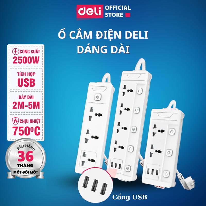 [Dáng dài] Ổ cắm điện đa năng Deli dáng dài tích hợp cổng USB đa năng, công Suất 2500W, Dây 2-5M Tiện Dụng, An Toàn, Chống Cháy Nổ, ổ điện, ổ cắm, sạc PD, USB, trang trí, dây đồng, decor , gọn gàng